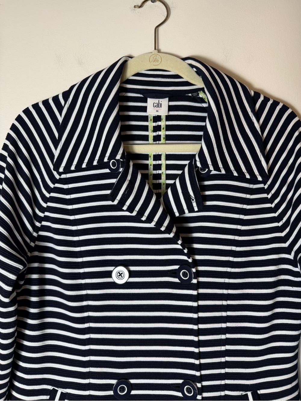CAbi Maritime Navy White Striped Knit Trench Jacket Coat Double Breasted Medium - Picture 2 of 13